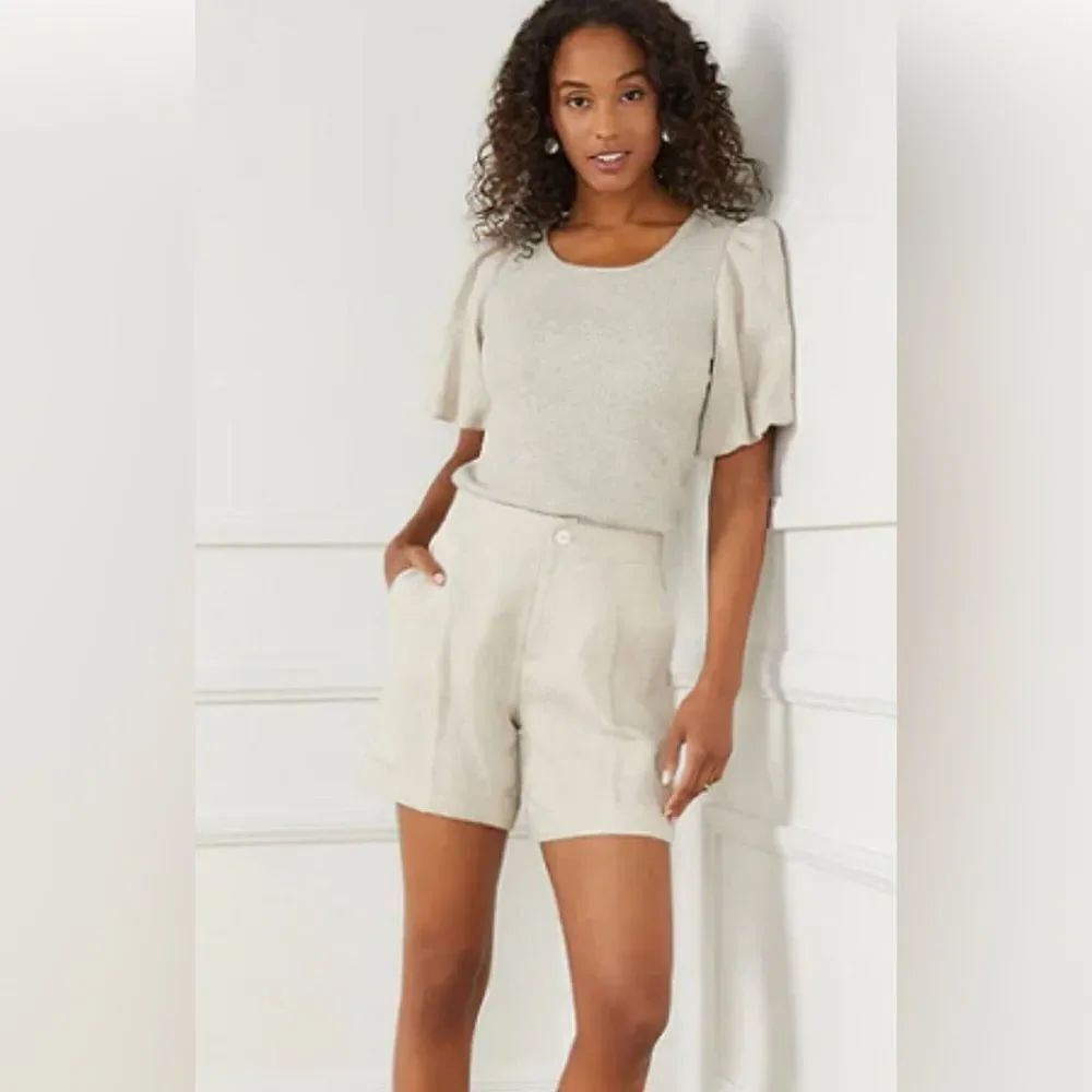 NWT $108 BALLOON PUFF SLEEVE Karen Kane Sz L Linen Desert Breeze Ribbed Top